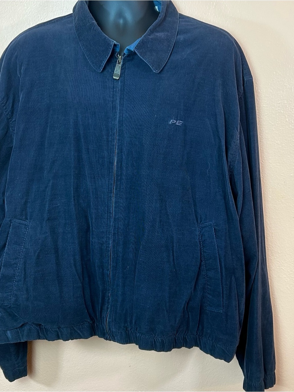 Perry Ellis Navy Blue Corduroy Harrington Zip Front Jacket Men XL